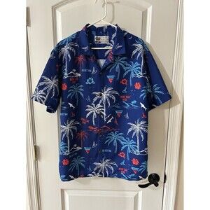 Hyper Favor Men’s Size M Blue Hawaiian Shirt Novelty Vacation Palm Trees Sharks